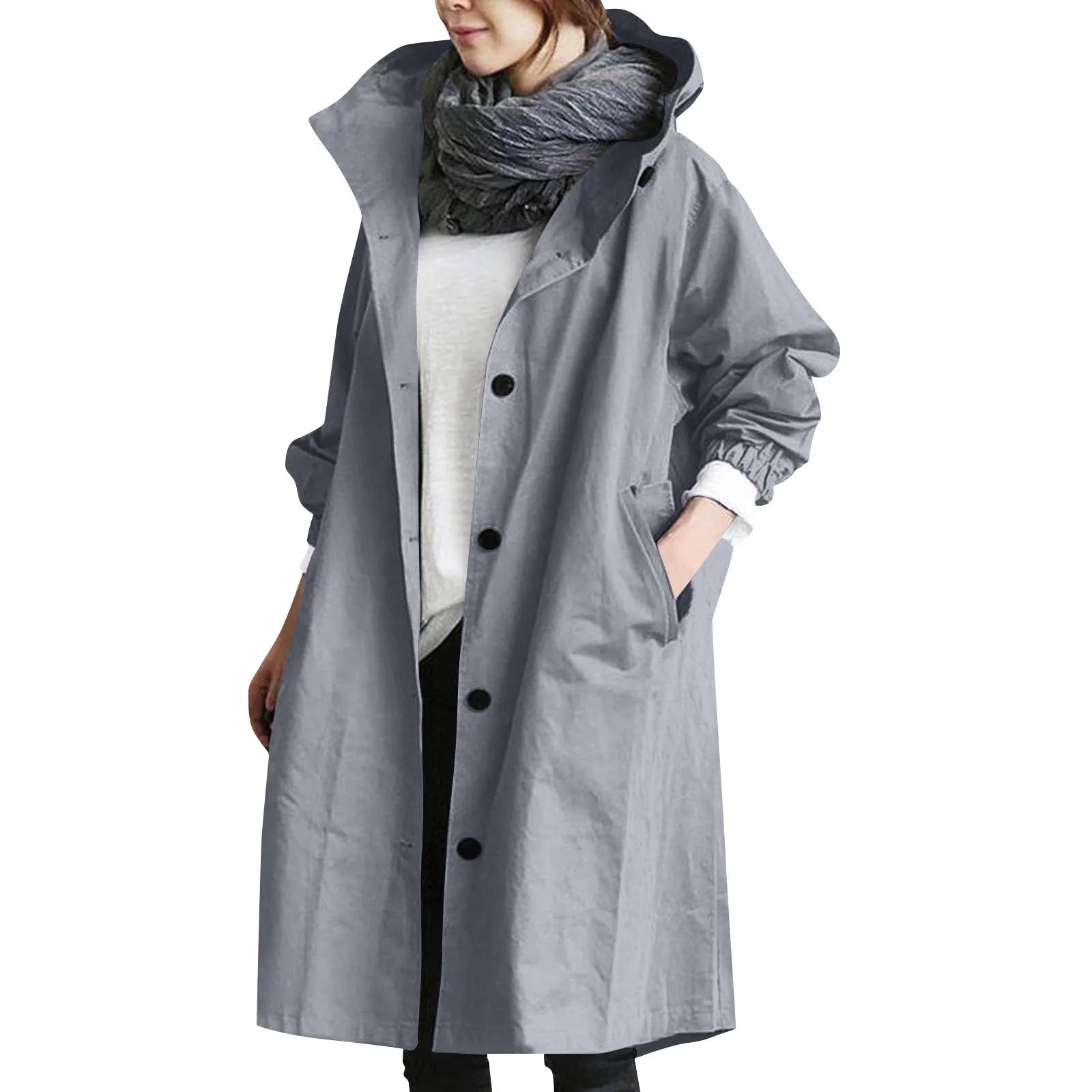 Womens oversized hooded trench coat cotton blend neutral tones relaxed fit with roomy pockets