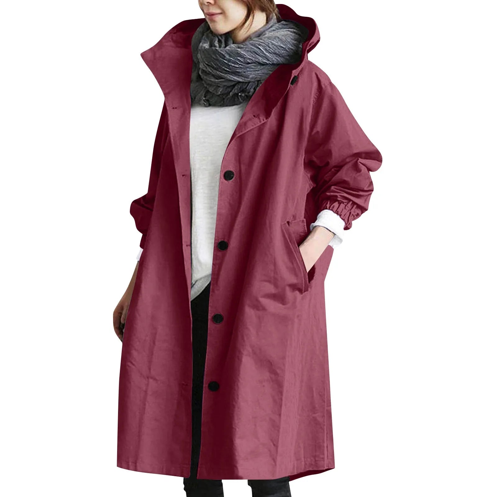 Women's oversized hooded trench coat cotton blend neutral tones relaxed silhouette roomy pockets