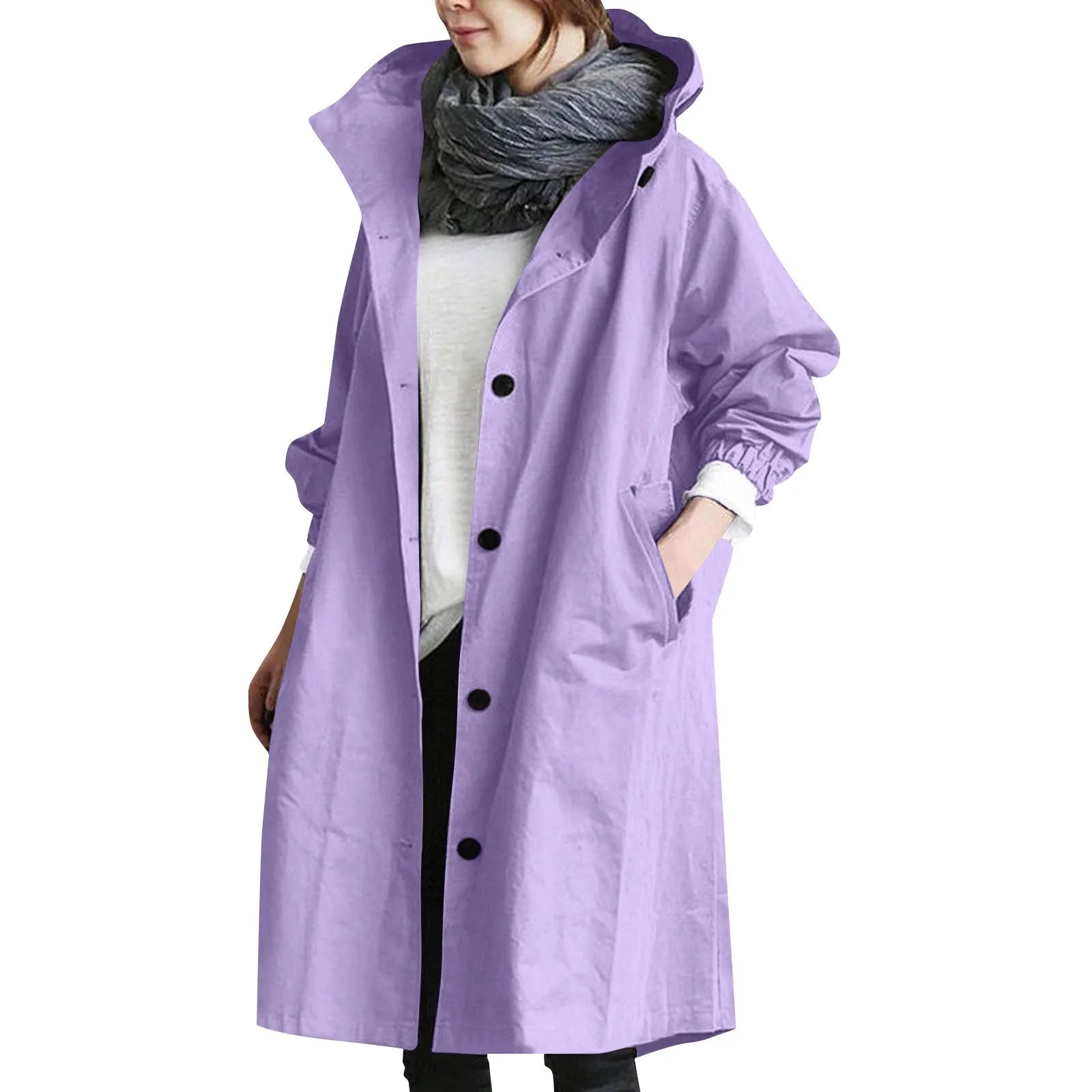 Womens oversized hooded trench coat cotton blend neutral tone relaxed silhouette roomy pockets