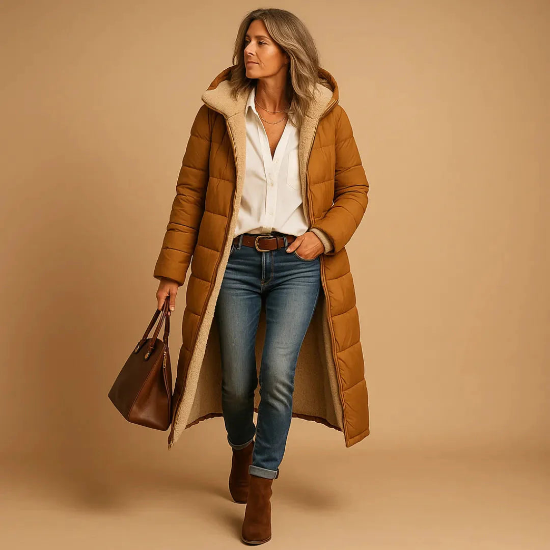 Women's long quilted puffer coat full-length padding sleek longline silhouette for cold weather