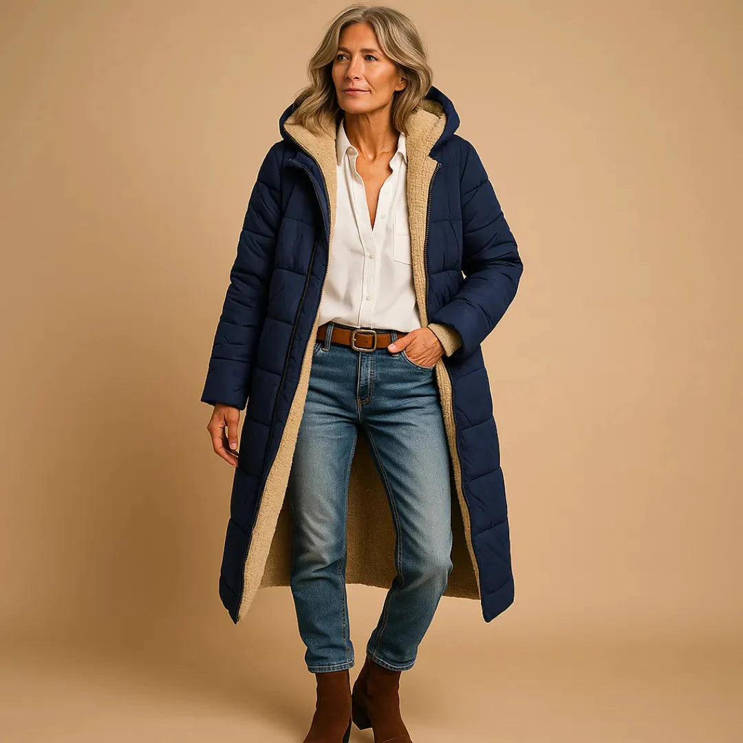 Women's long quilted puffer coat full-length padding sleek longline silhouette for cold weather