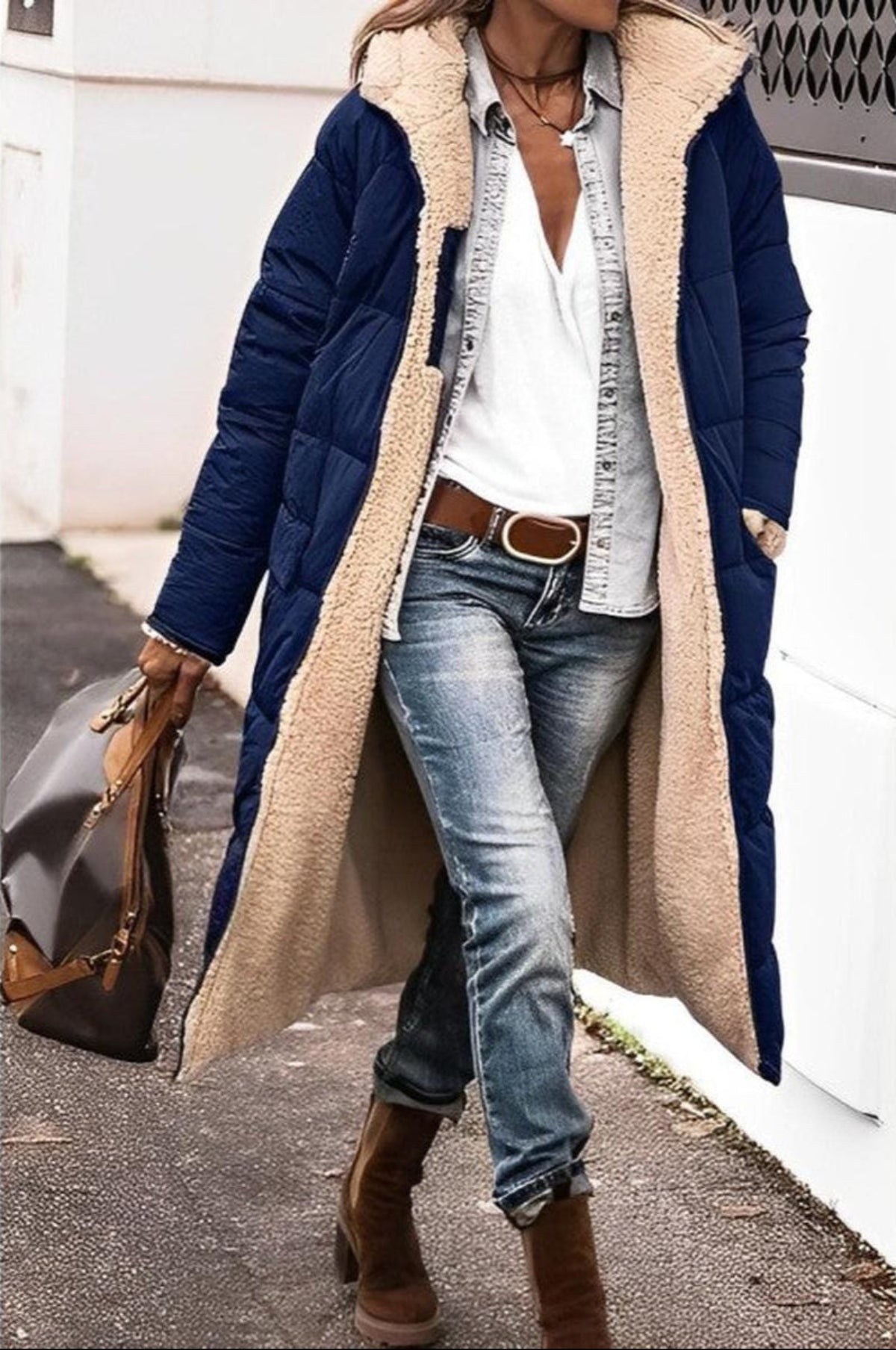 Women's longline padded winter coat with hood, teddy fleece lining, warm relaxed fit cold-weather layer