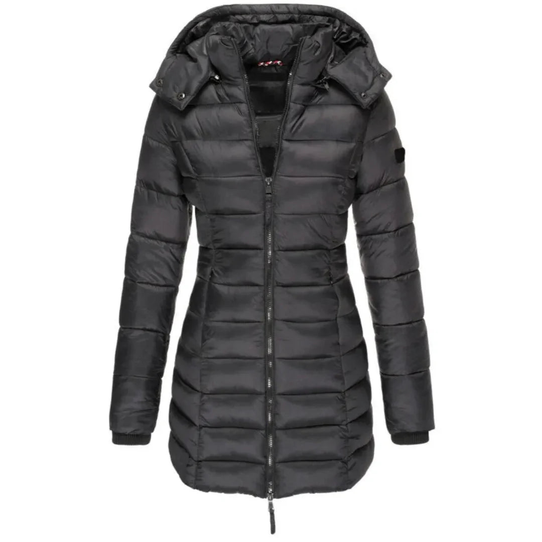 Women's longline hooded down jacket lightweight insulated coat slim silhouette weather-resistant winter