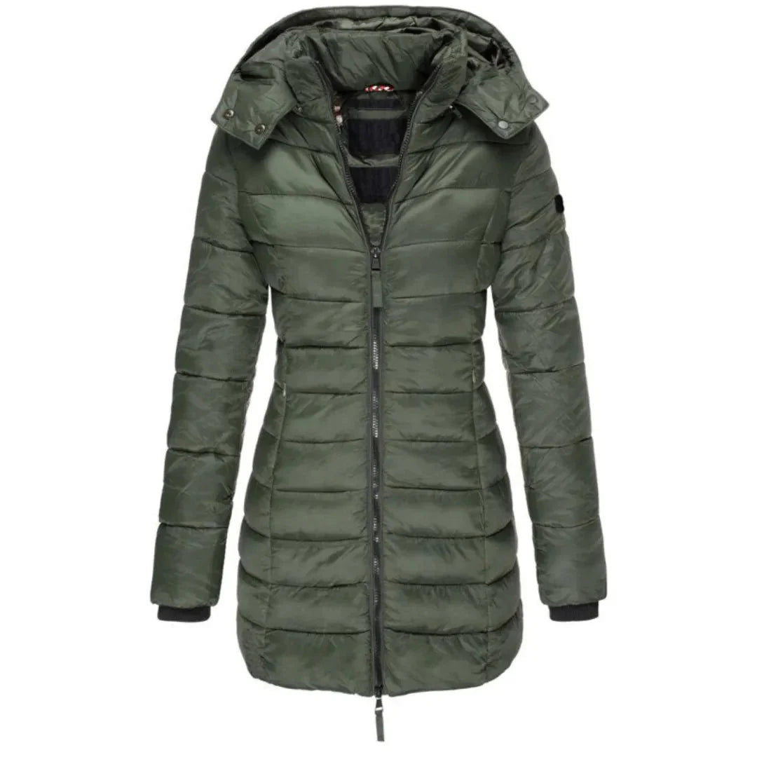 Women's longline hooded down jacket lightweight insulated coat slim silhouette weather-resistant winter
