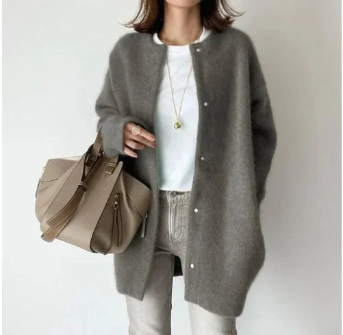 Women's loose fit mohair blend knitted cardigan relaxed silhouette dropped shoulders cozy layering essential