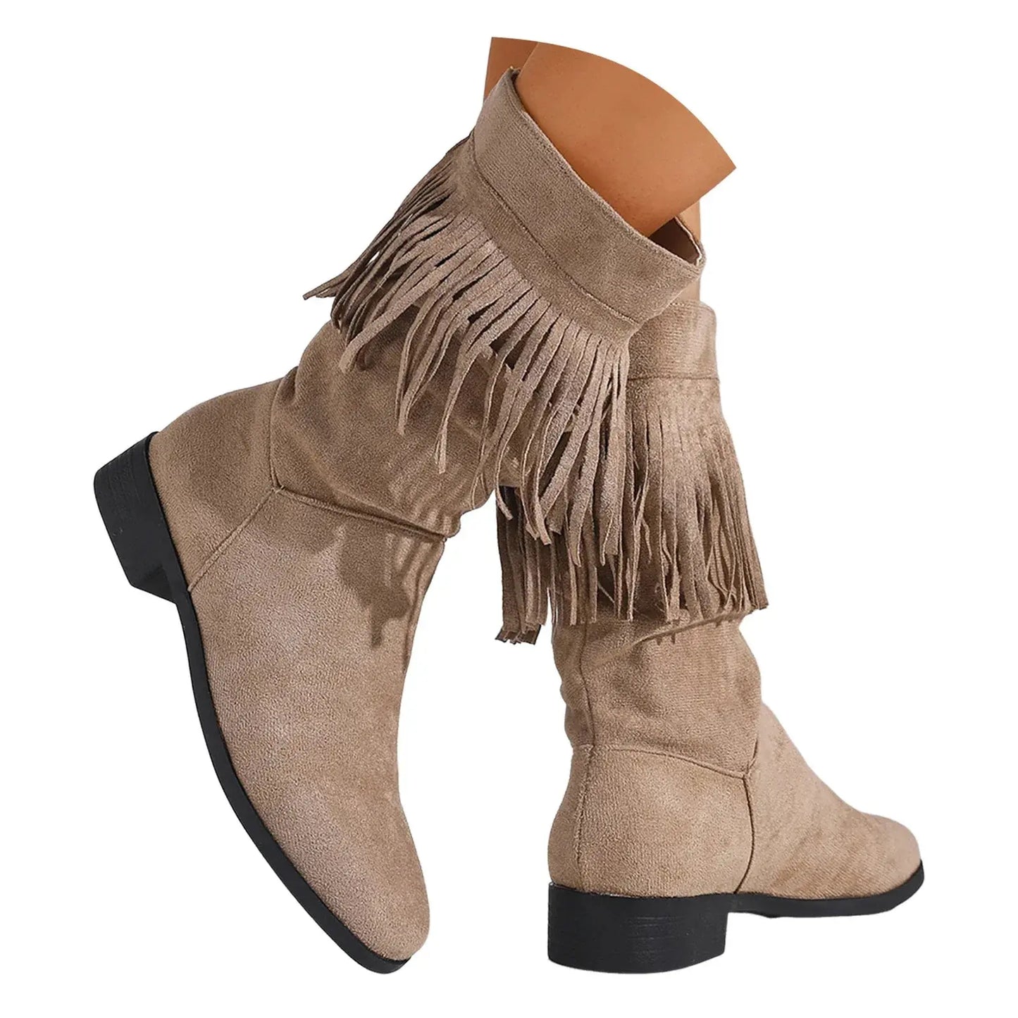 Women's mid-calf suede fringe boots boho style low block heel pull-on layered fringe western