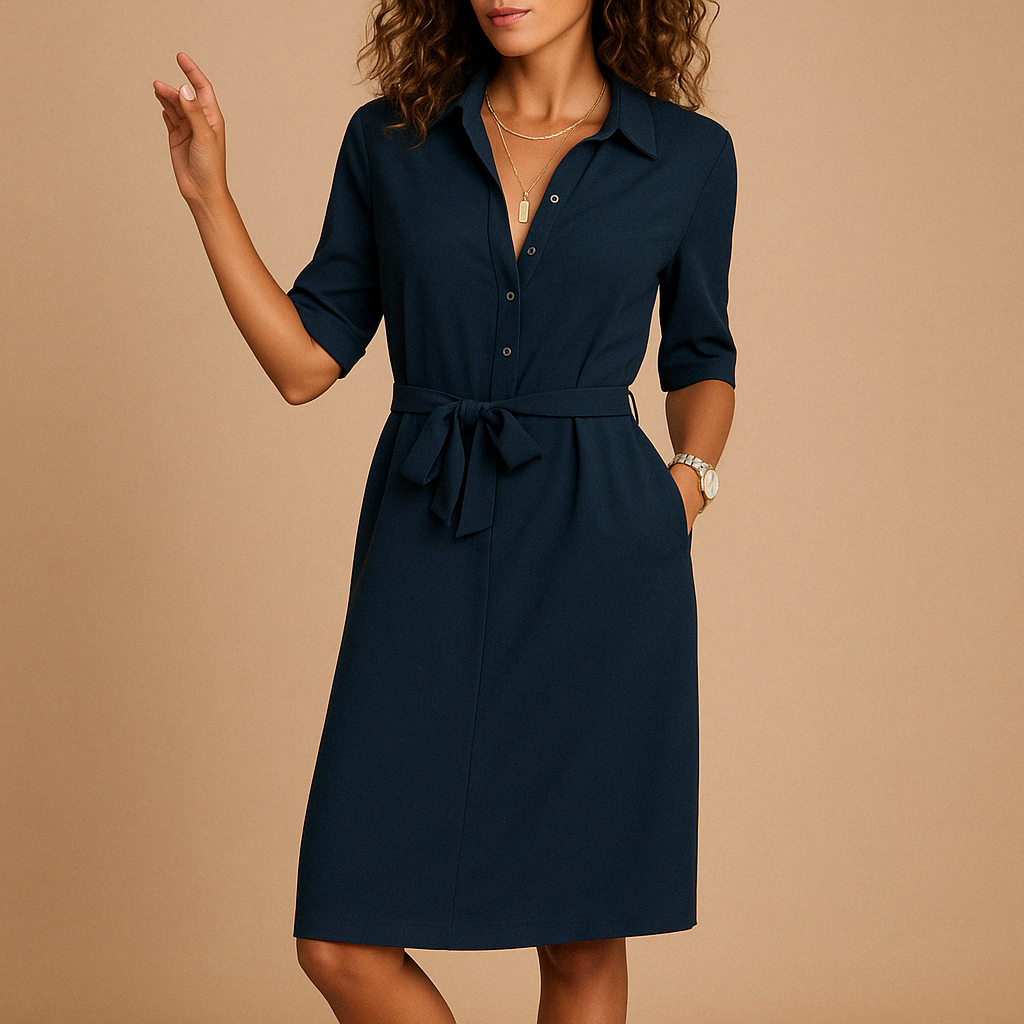 Black relaxed midi shirt dress with collared neckline, button front, and self-tie belt