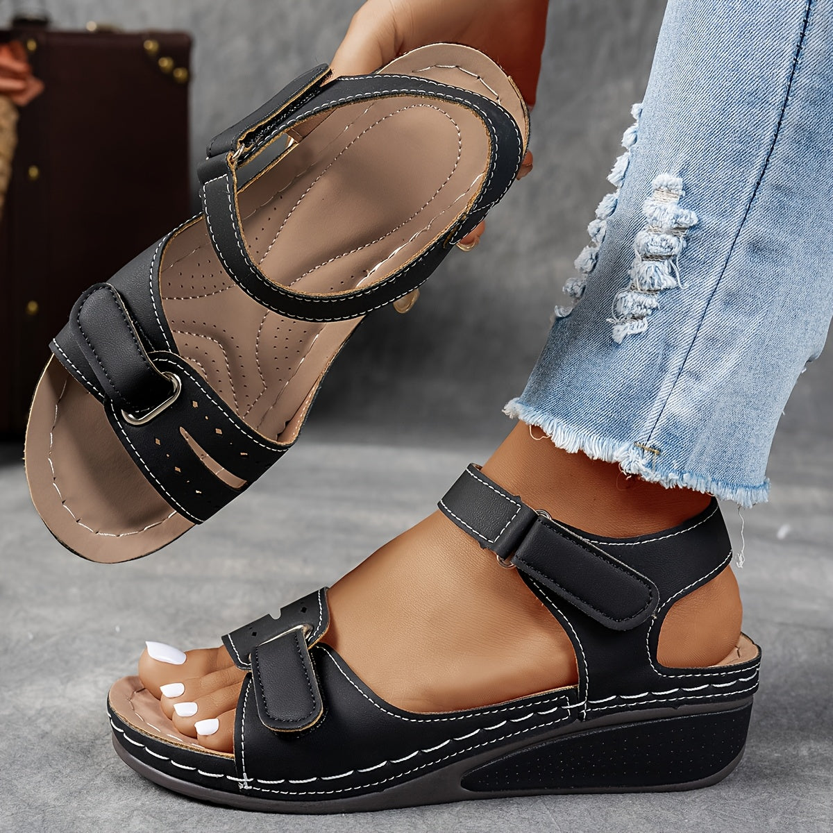 Red women's platform sandals adjustable straps ergonomic footbed all-day comfort casual style