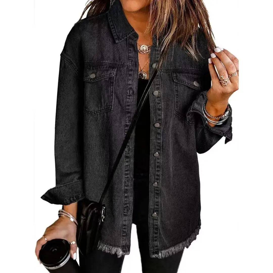 Women's oversized blue denim shirt jacket 100% cotton relaxed fit with frayed hem detailing