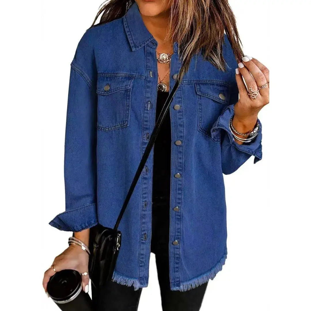 Women's oversized blue cotton denim shirt jacket relaxed fit with frayed hem and front pockets