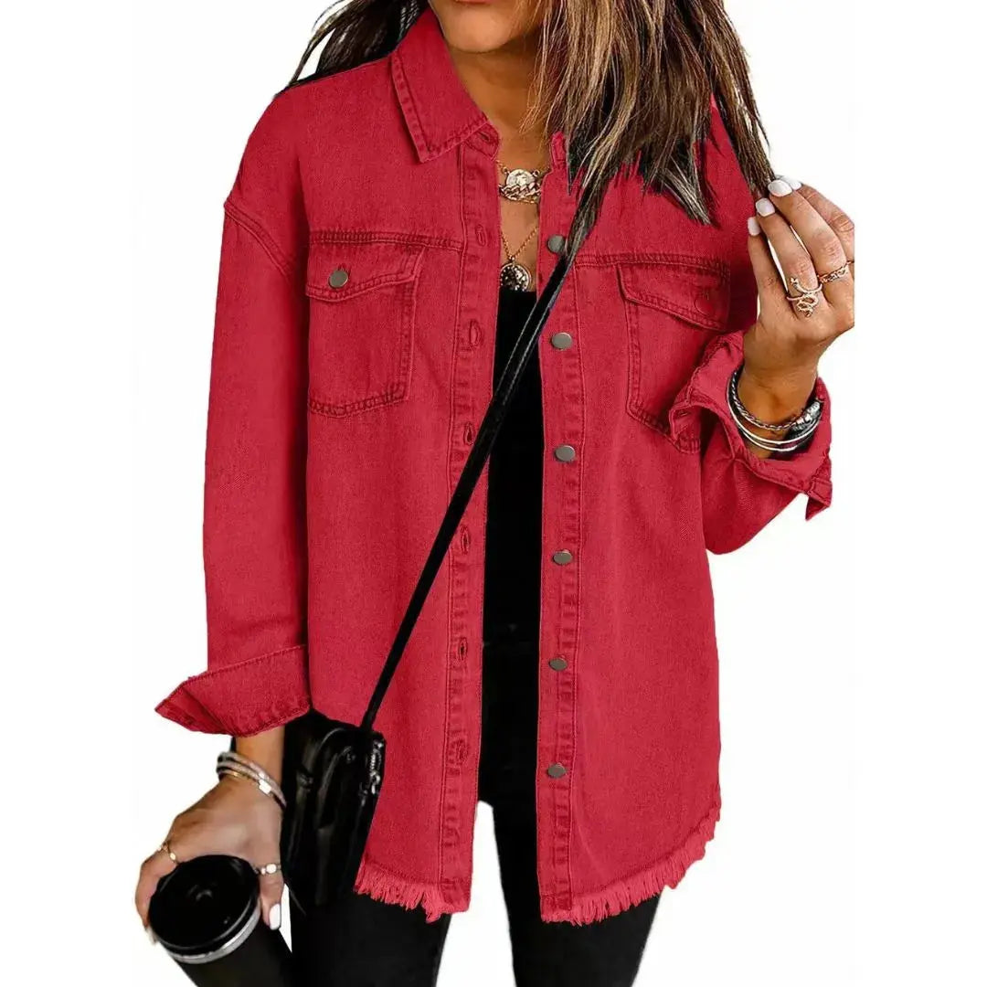 Women's oversized cotton denim shirt jacket in blue relaxed fit with frayed hem and front pockets