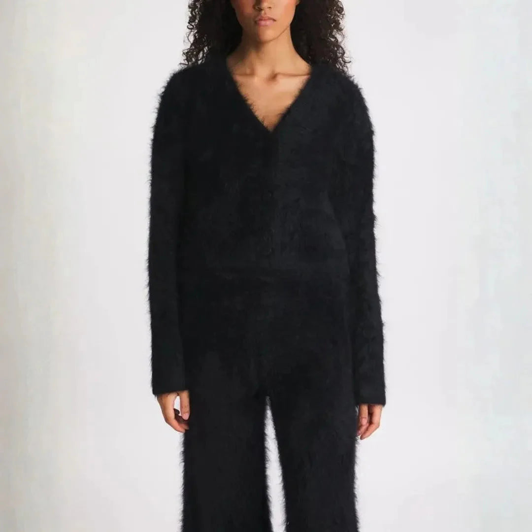 Women's oversized fluffy knit cardigan in neutral tones, cozy relaxed silhouette with plush faux-cashmere texture