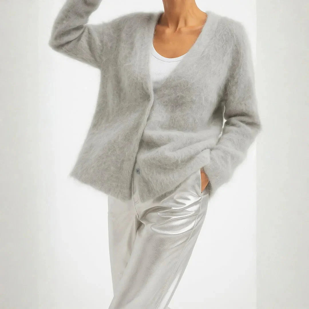 Women's oversized fluffy knit cardigan in neutral tone, relaxed silhouette with plush faux-cashmere texture