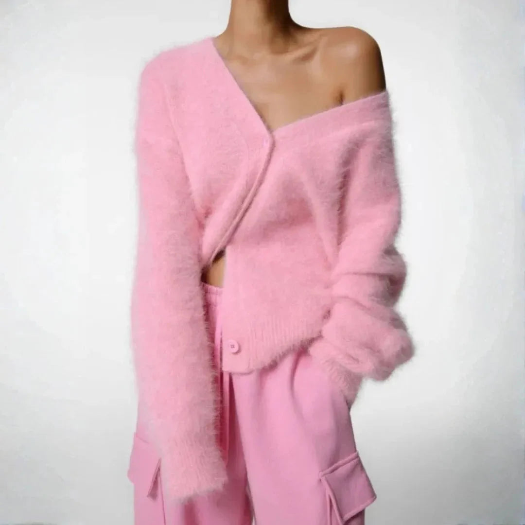 Women's oversized fluffy knit cardigan in neutral tones, cozy relaxed silhouette with plush faux-cashmere texture