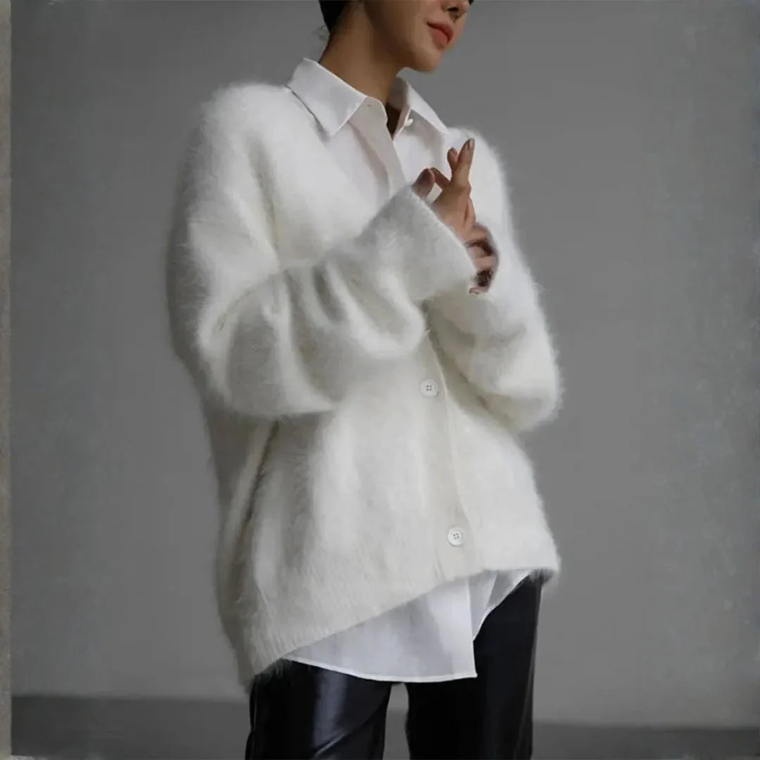 Women's oversized fluffy knit cardigan in neutral tones, cozy relaxed silhouette with plush faux-cashmere texture