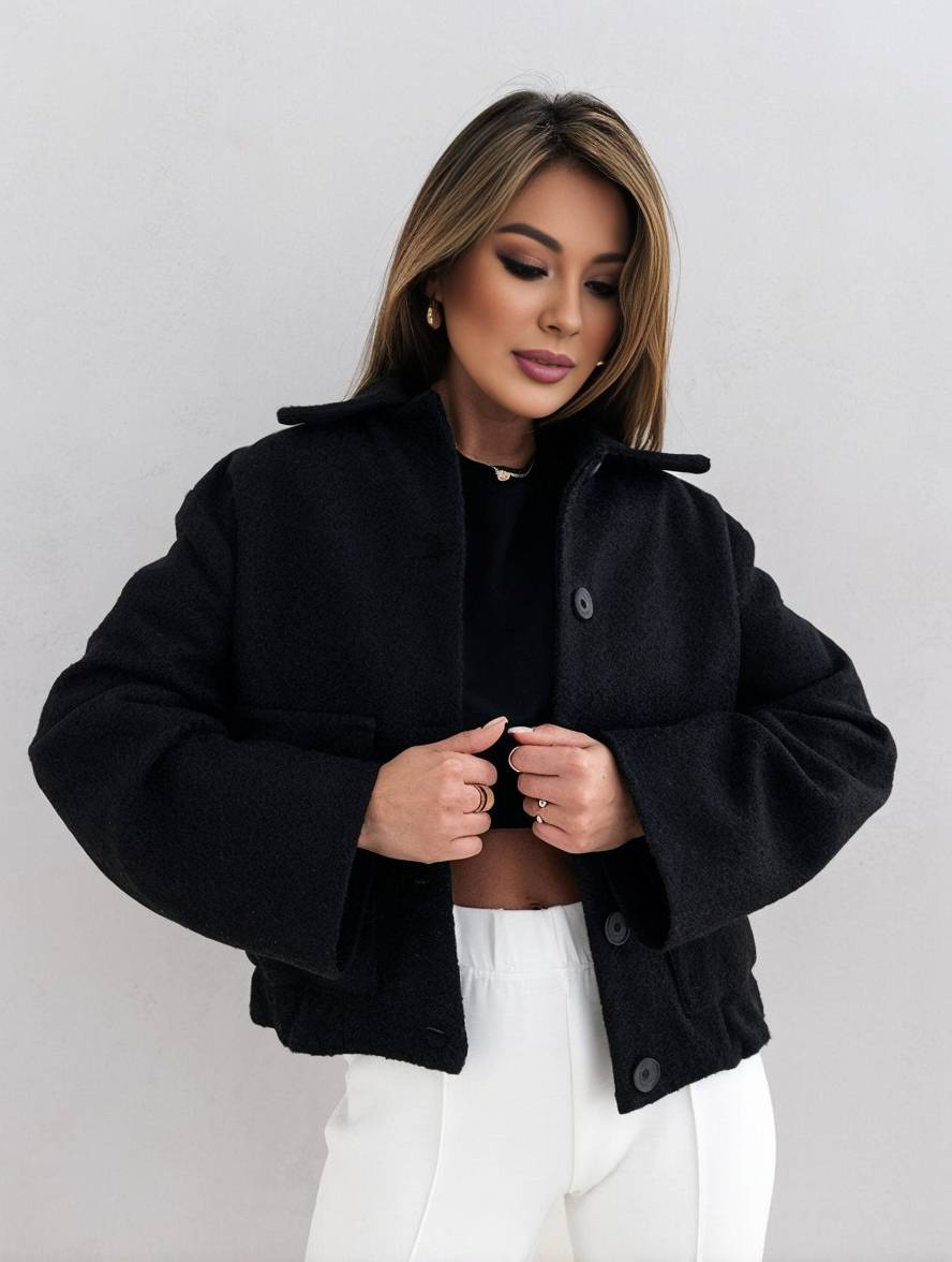 Women's wool blend relaxed fit hip-length coat by Urbann-Vibe, warm casual fall winter outerwear