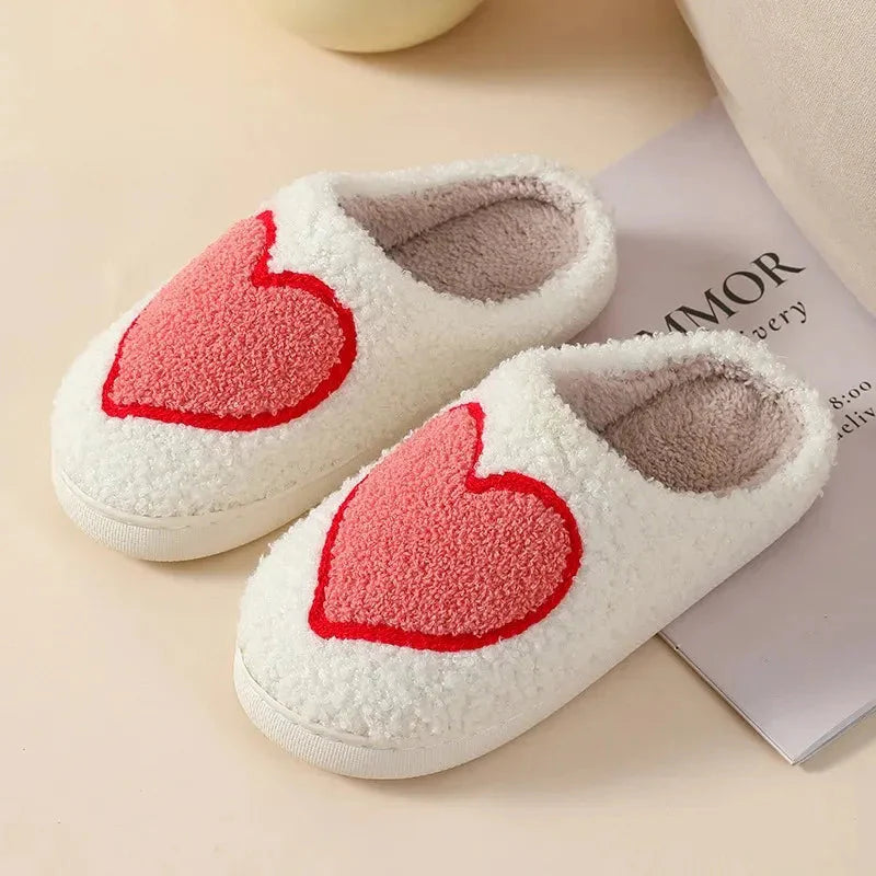 Women's pink plush faux fur slippers with heart design, ultra-soft cozy indoor footwear