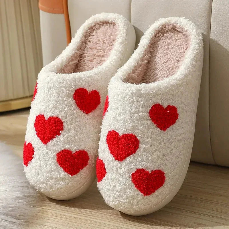 Women's blush pink plush faux fur slippers with heart design, ultra-soft cozy slip-on house shoes