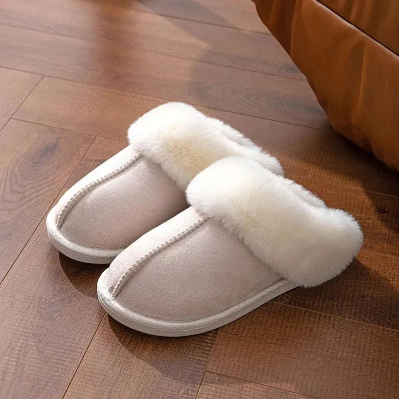 Women's plush faux fur slip-on slippers with Dearfoam cushioning and slip-resistant sole for home