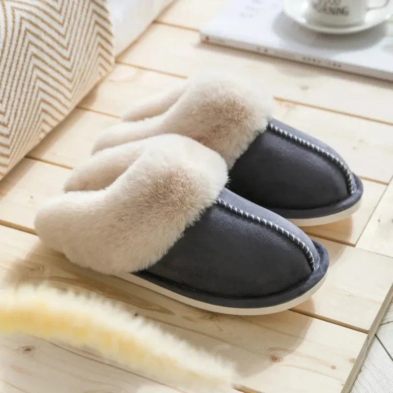 Women's plush slip-on slippers in cozy faux fur with Dearfoam cushioning and slip-resistant sole