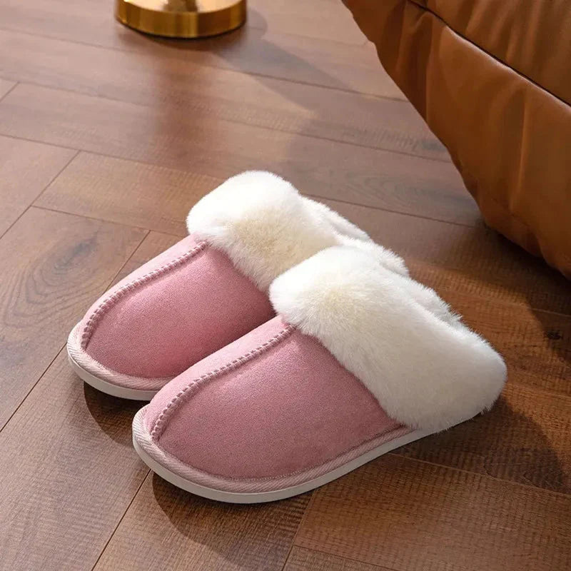 Women's plush faux fur slip-on slippers with Dearfoam cushioning and slip-resistant sole for home