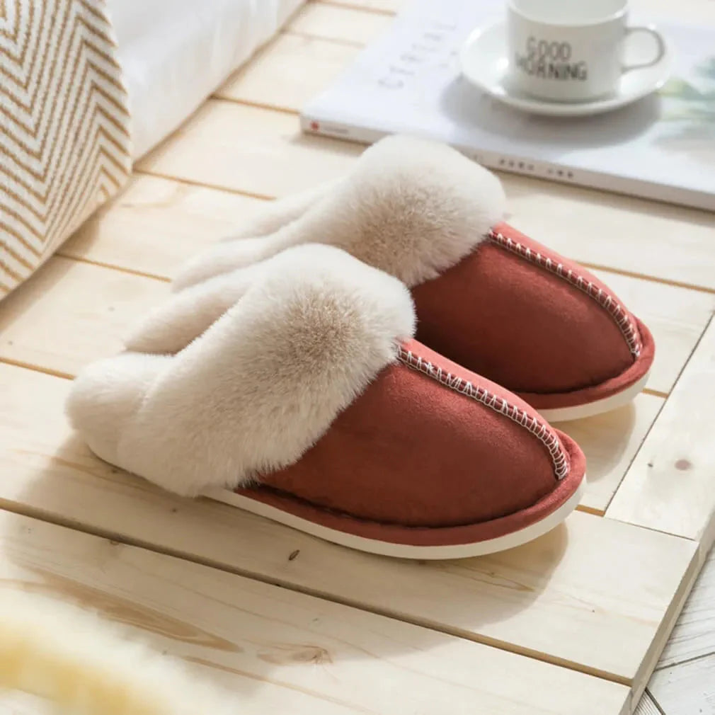 Women's plush faux fur slip-on slippers with cushioned Dearfoam padding and slip-resistant sole