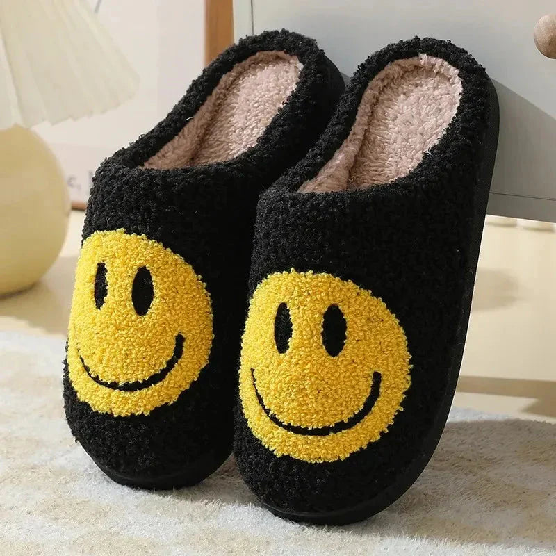 Women's plush sherpa slippers with embroidered smiley face, cushioned cozy house footwear for all-day comfort