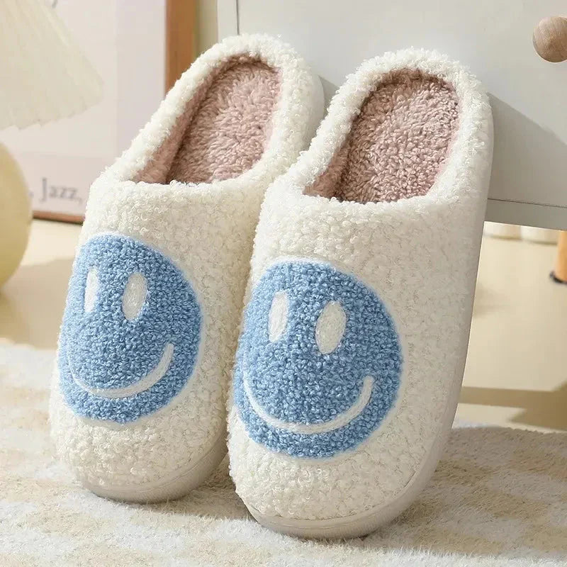 Women's plush smiley face slippers cozy cushioned sherpa lining anti-slip textured house shoes