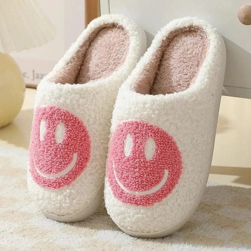 Women's plush sherpa slippers with embroidered smiley face, cozy cushioned lining, anti-slip textured sole
