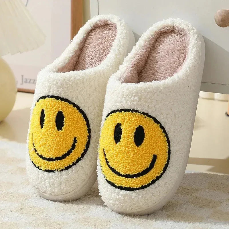 Women's plush smiley face slippers cozy cushioned sherpa lining anti-slip textured sole house shoes