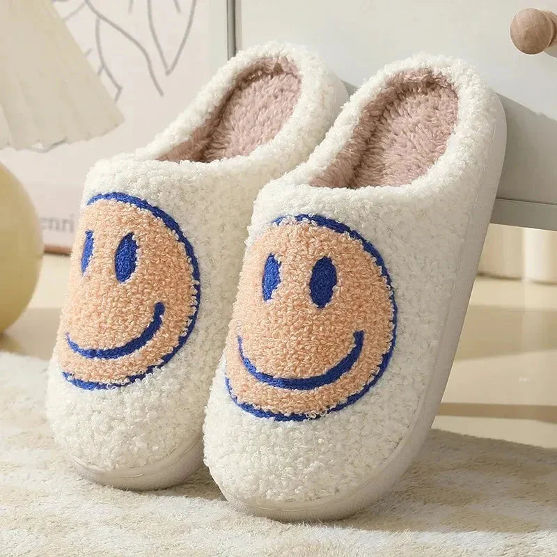 Women's plush smiley face slippers cozy cushioned sherpa lining anti-slip textured sole house shoes