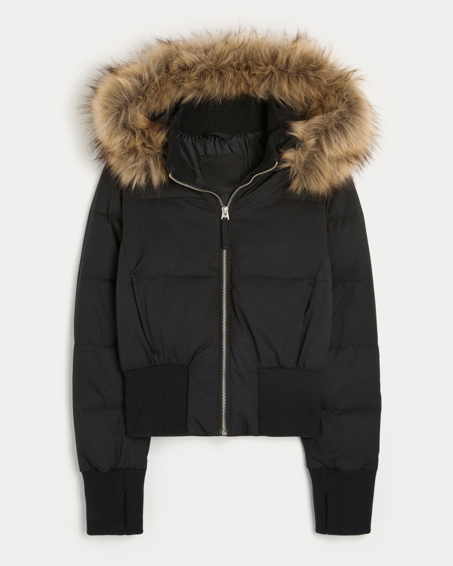 Cream women's cropped quilted puffer jacket with removable faux fur trim hood for chic winter style