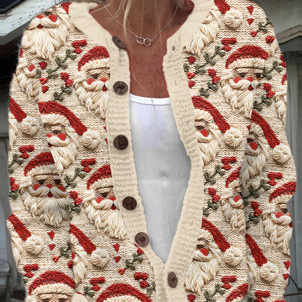 Women ugly Christmas knit cardigan with button front, Santa Claus pattern, cozy festive holiday sweater