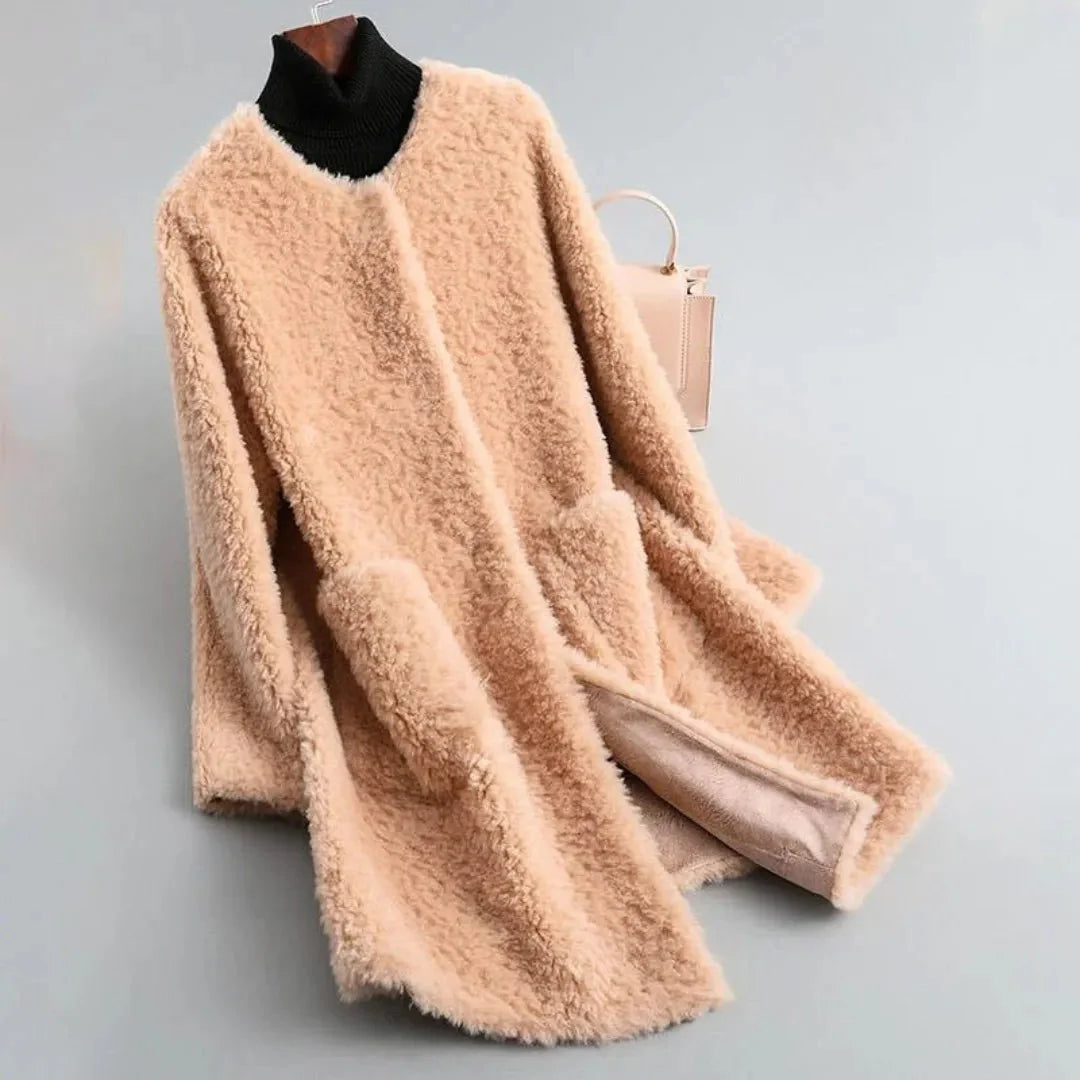 Women's cream shearling fur coat with plush draped silhouette, ultra-soft luxurious outerwear