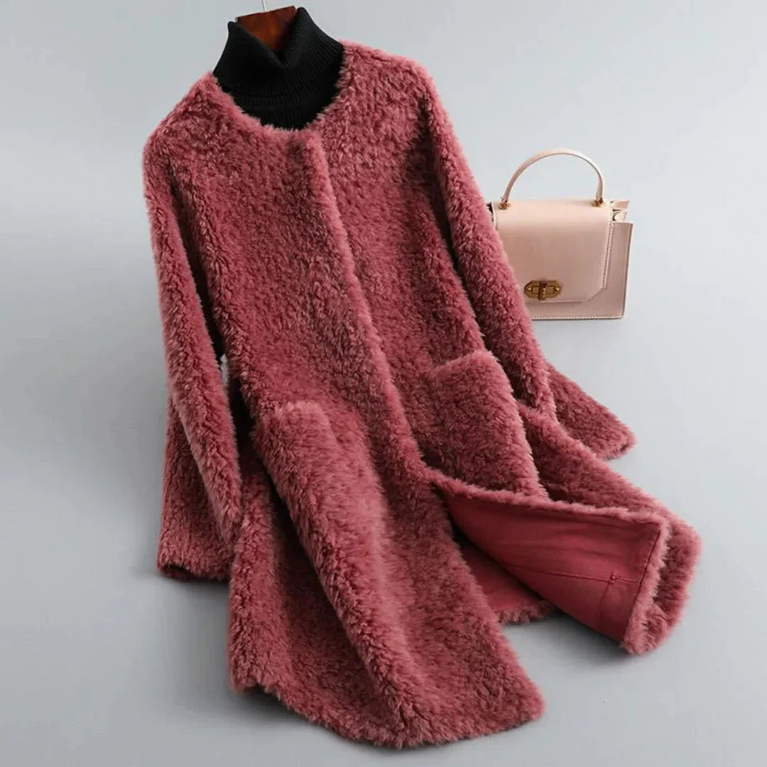 Women's shearling fur coat in plush ultra-soft texture with elegant draped design for luxurious warmth