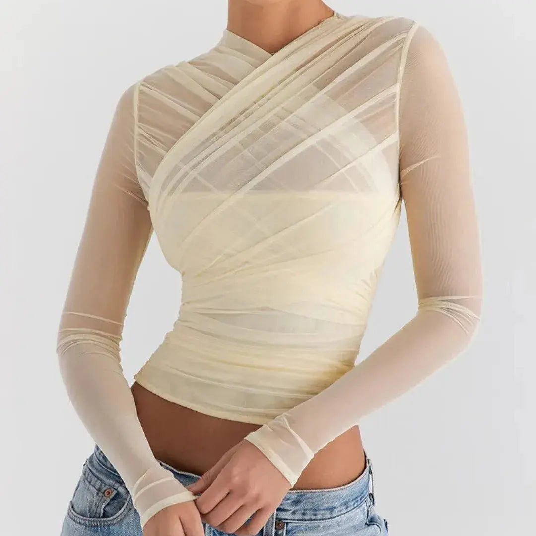 Women's sheer mesh long sleeve top with criss-cross ruched front and layered detail