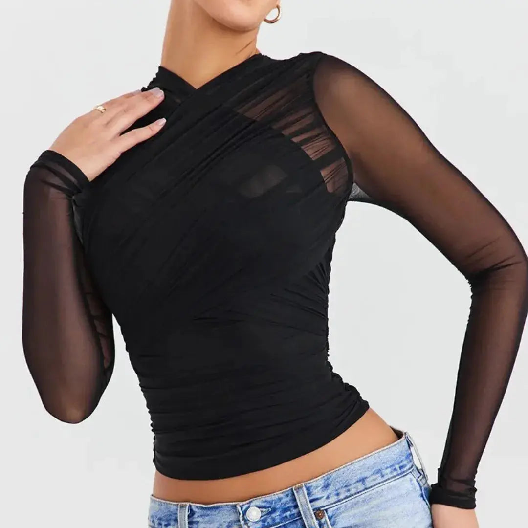Women's sheer black criss-cross long sleeve top with ruched front and layered mesh detail