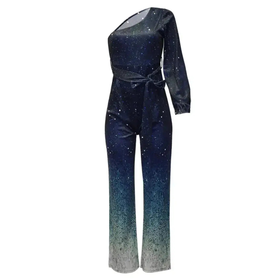 Women's shimmer ombré one-shoulder jumpsuit with draped sleeve and adjustable belt for evening wear