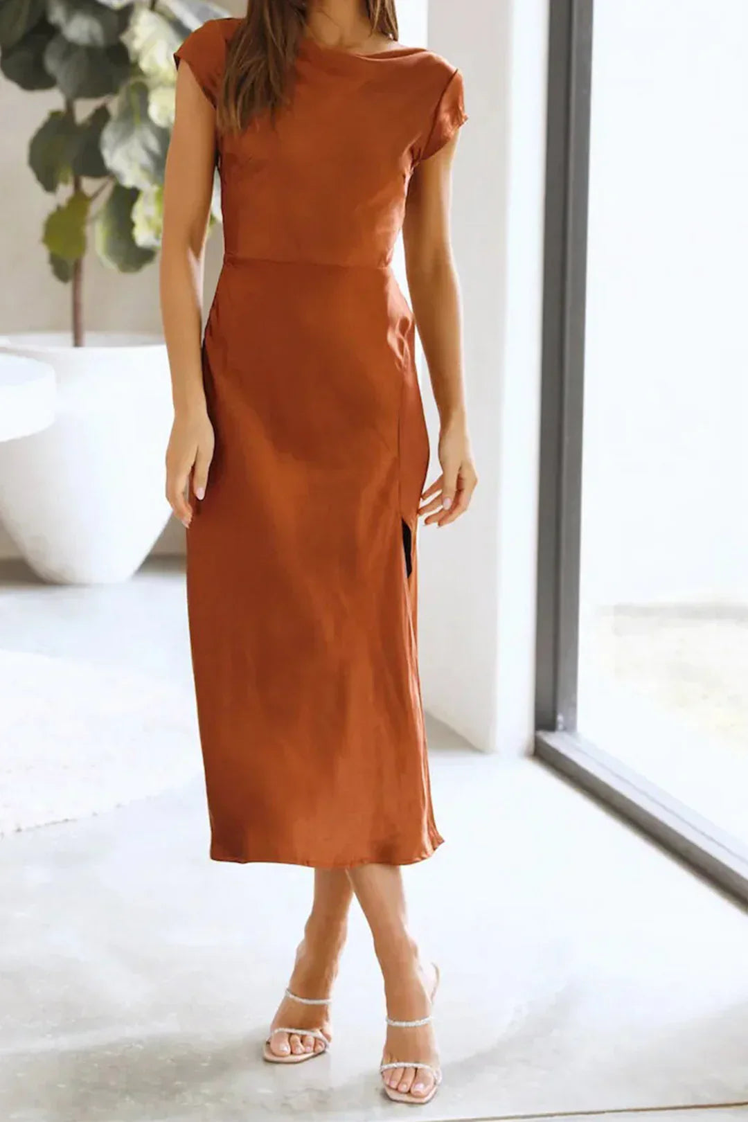 Women's satin midi dress elegant bias-cut silhouette cap sleeves formal cocktail lustrous finish