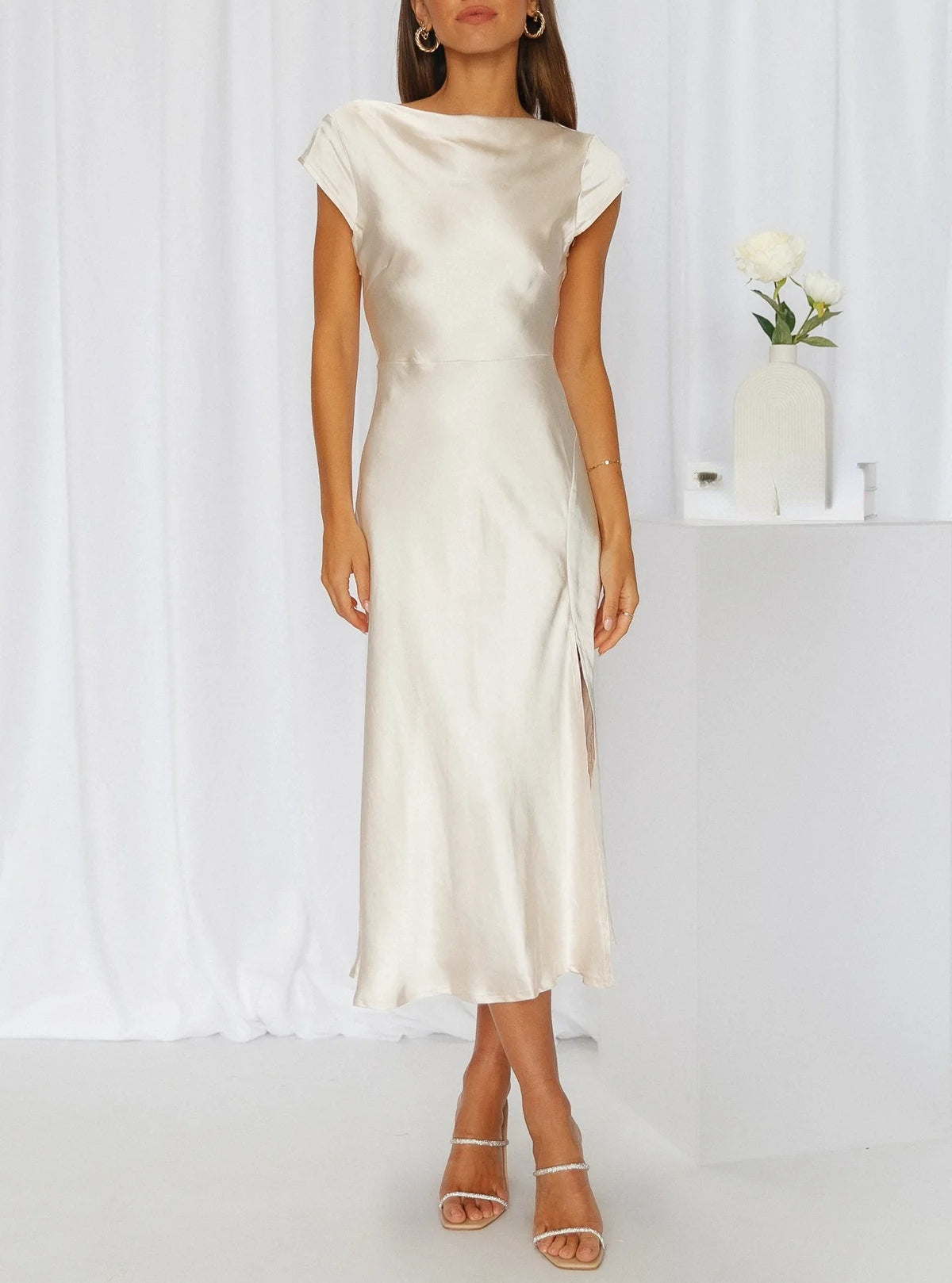 Women's satin midi dress elegant ivory bias-cut silhouette with cap sleeves for formal cocktail wear