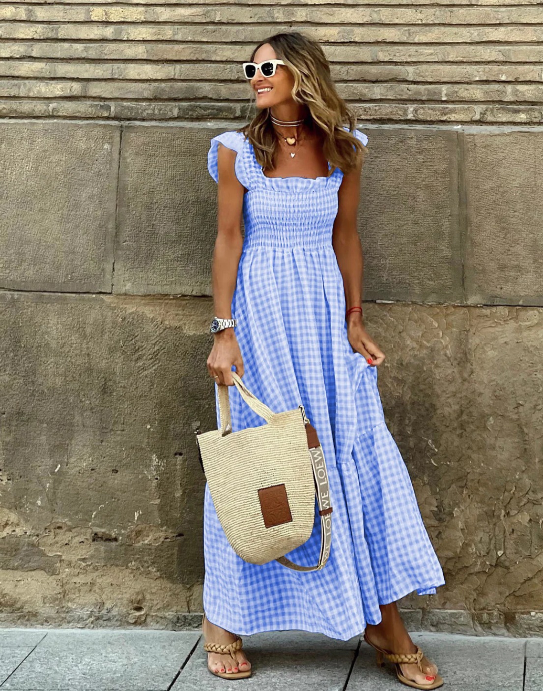 Women's blue gingham smocked maxi dress with ruffle sleeves, flowy lightweight summer style