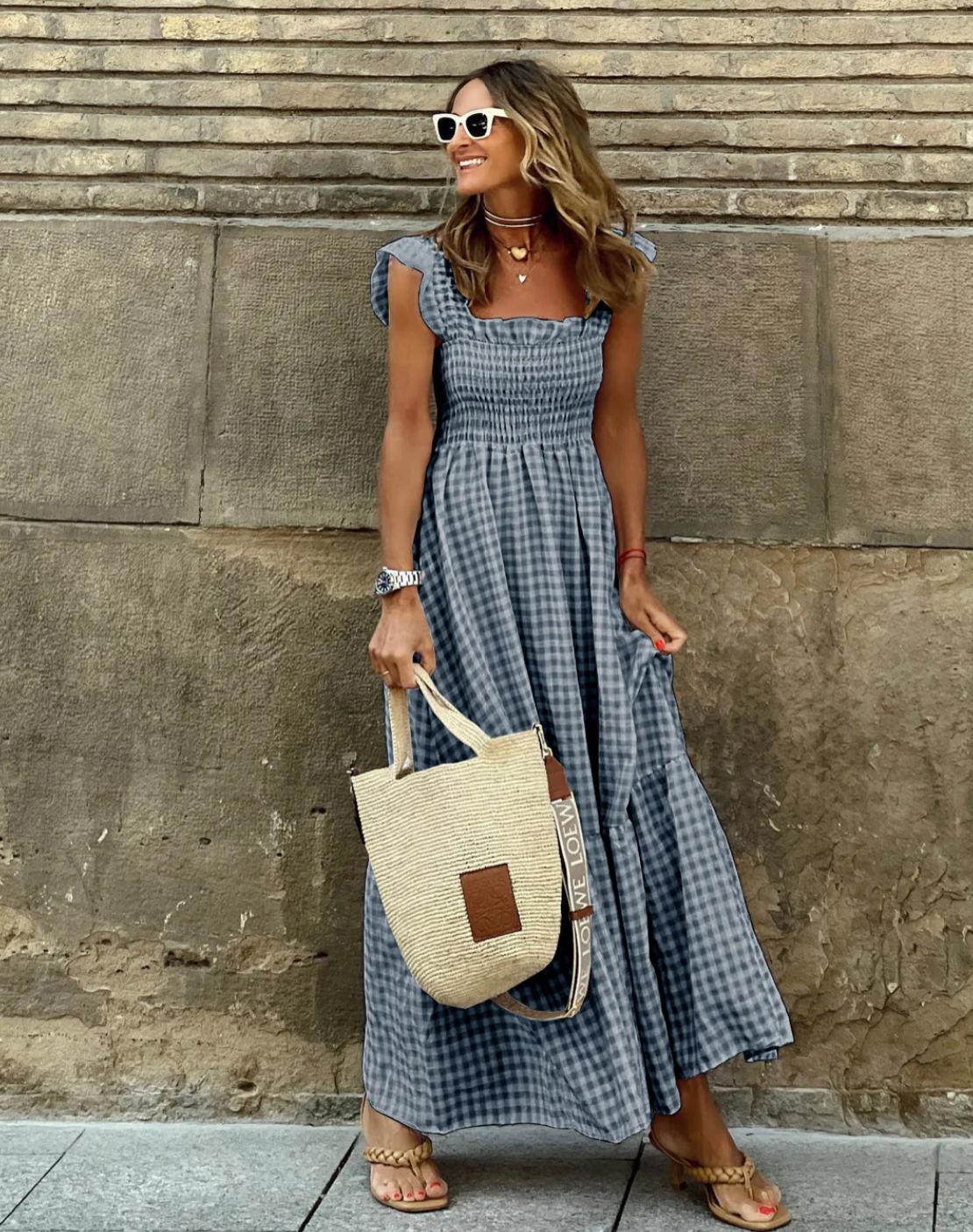 Blue white gingham smocked maxi dress with ruffle sleeves, flowy lightweight feminine silhouette