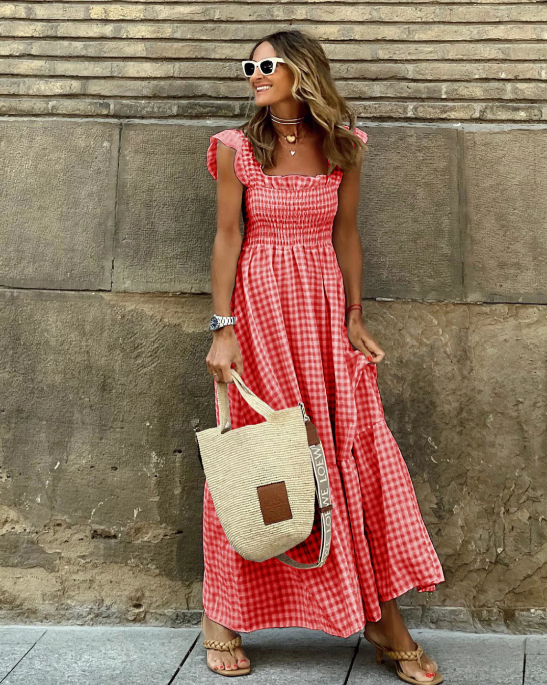 Blue white gingham smocked maxi dress with flutter ruffle sleeves, flowy lightweight feminine silhouette