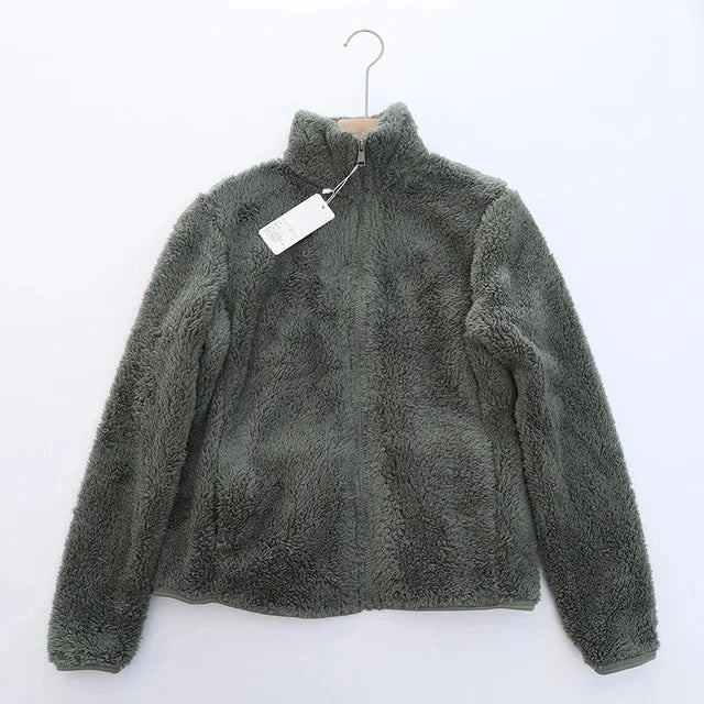 Women's teddy fleece jacket beige relaxed fit high collar front zip soft plush cozy layer