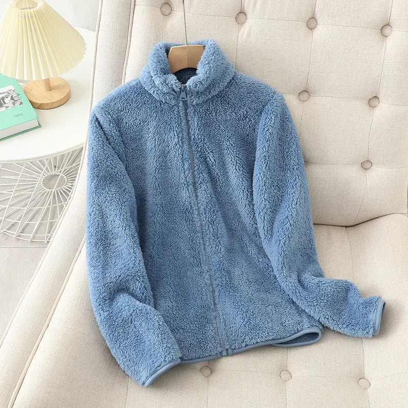 Women's teddy fleece jacket in soft plush texture, relaxed fit with high collar and front zip