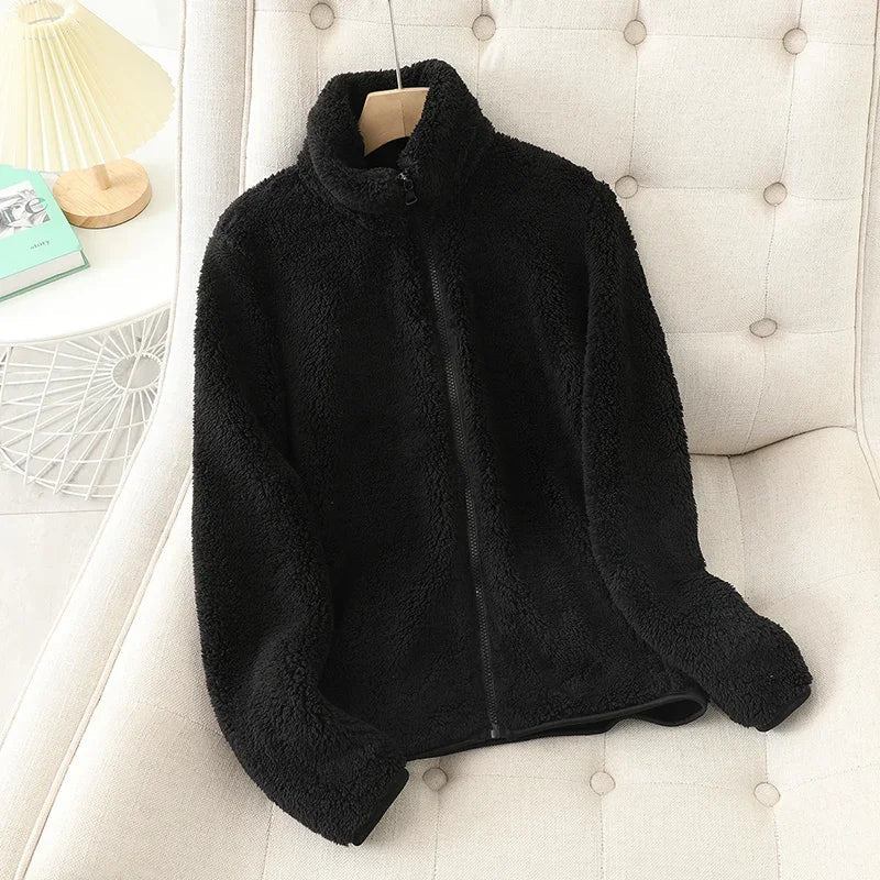 Women's teddy fleece jacket in soft plush texture, relaxed fit high collar front zip cozy layer