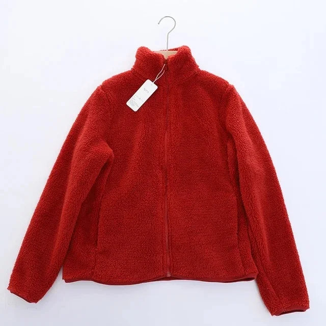 Women's teddy fleece jacket beige relaxed fit high collar front zip soft plush cozy layer