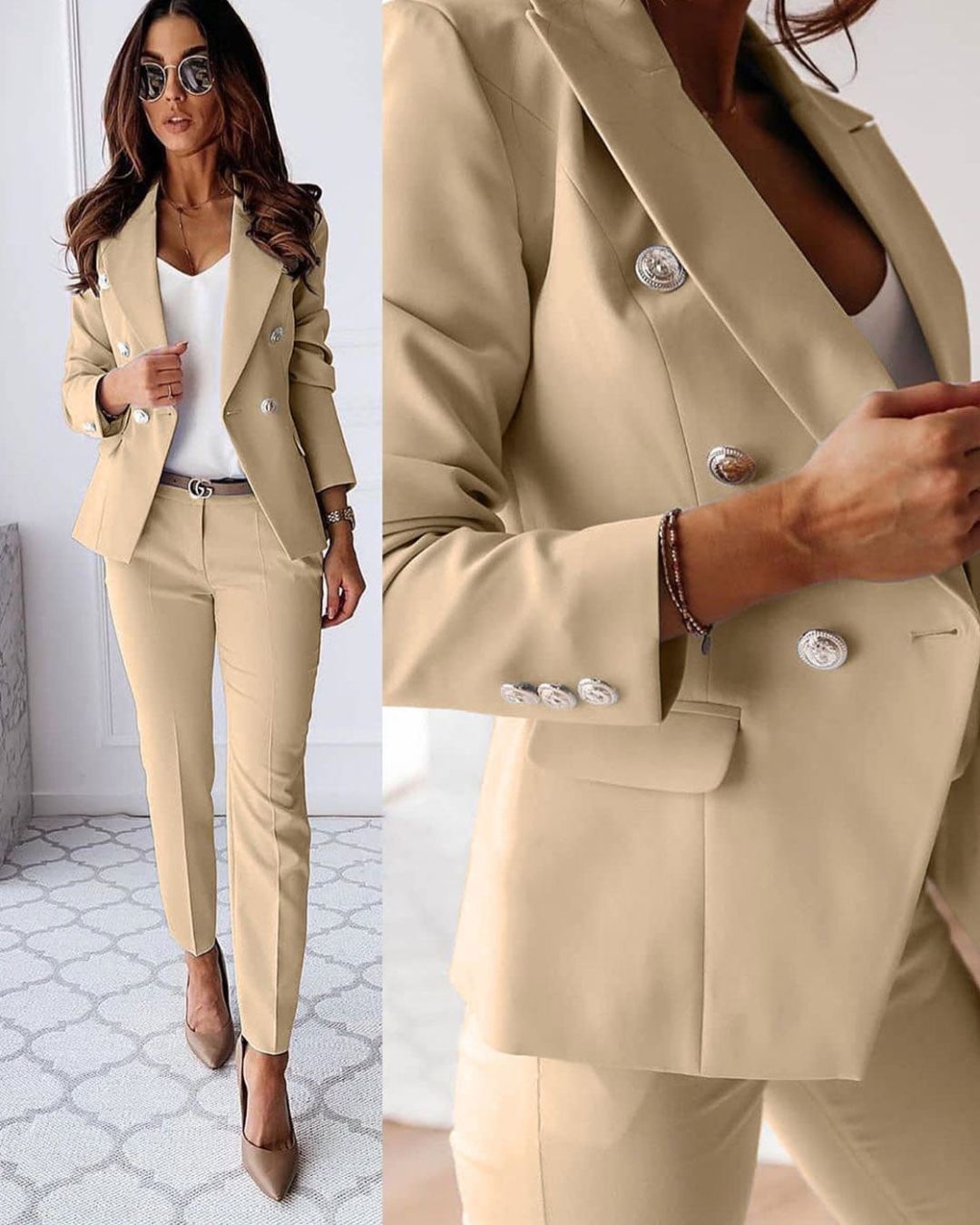 Women's double-breasted tailored suit slim-fit trousers structured blazer sleek silver buttons office evening
