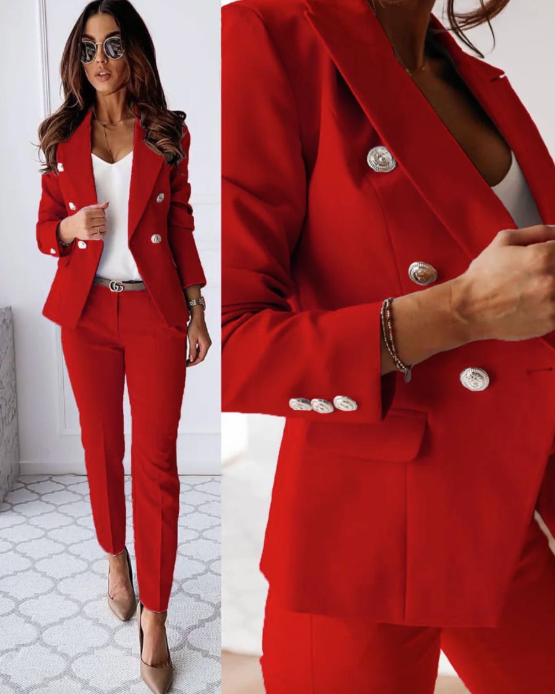Women's double-breasted tailored suit slim-fit trousers sleek silver buttons office-to-evening style