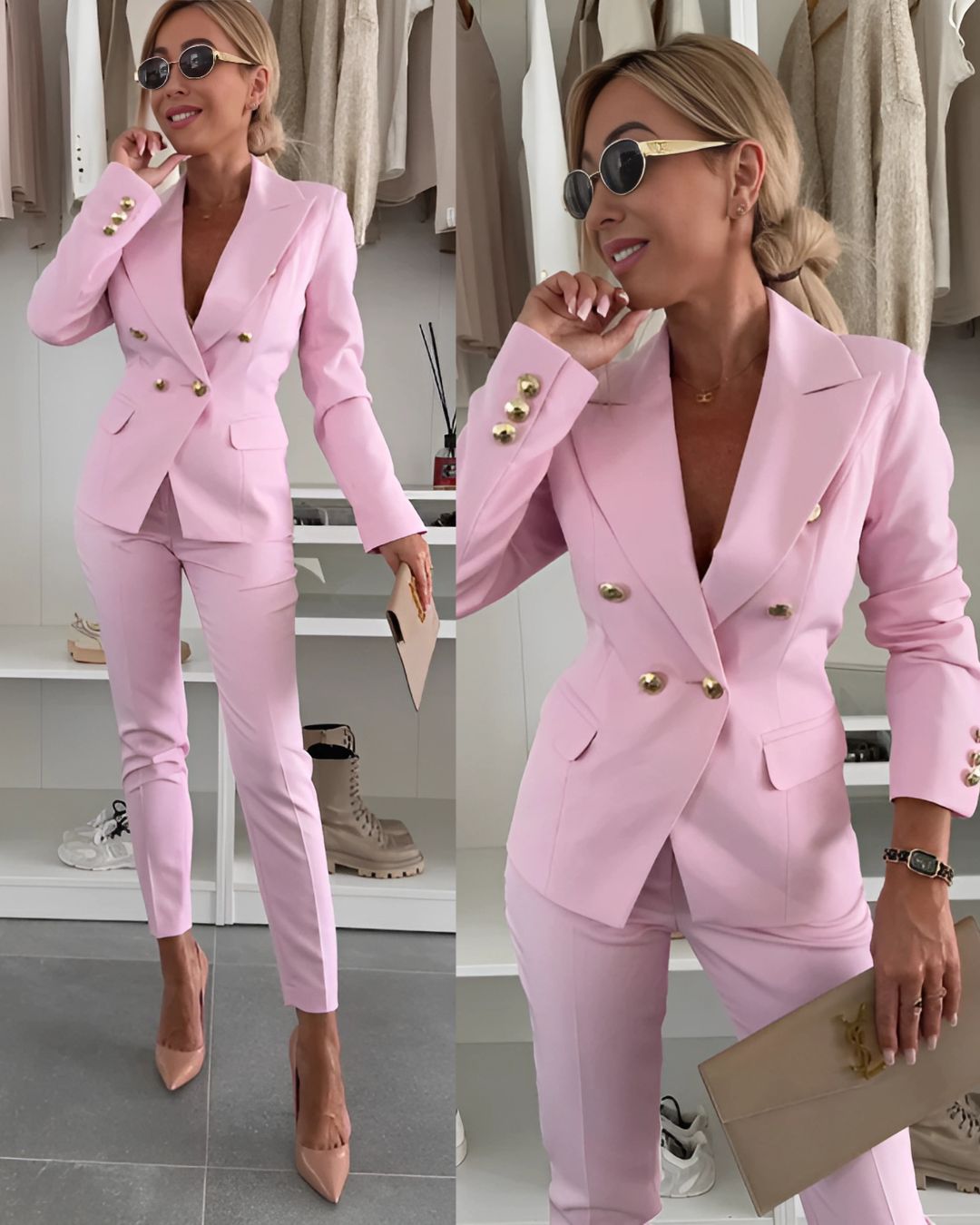 Women's double-breasted tailored suit slim-fit trousers sleek silver buttons office-to-evening sophistication